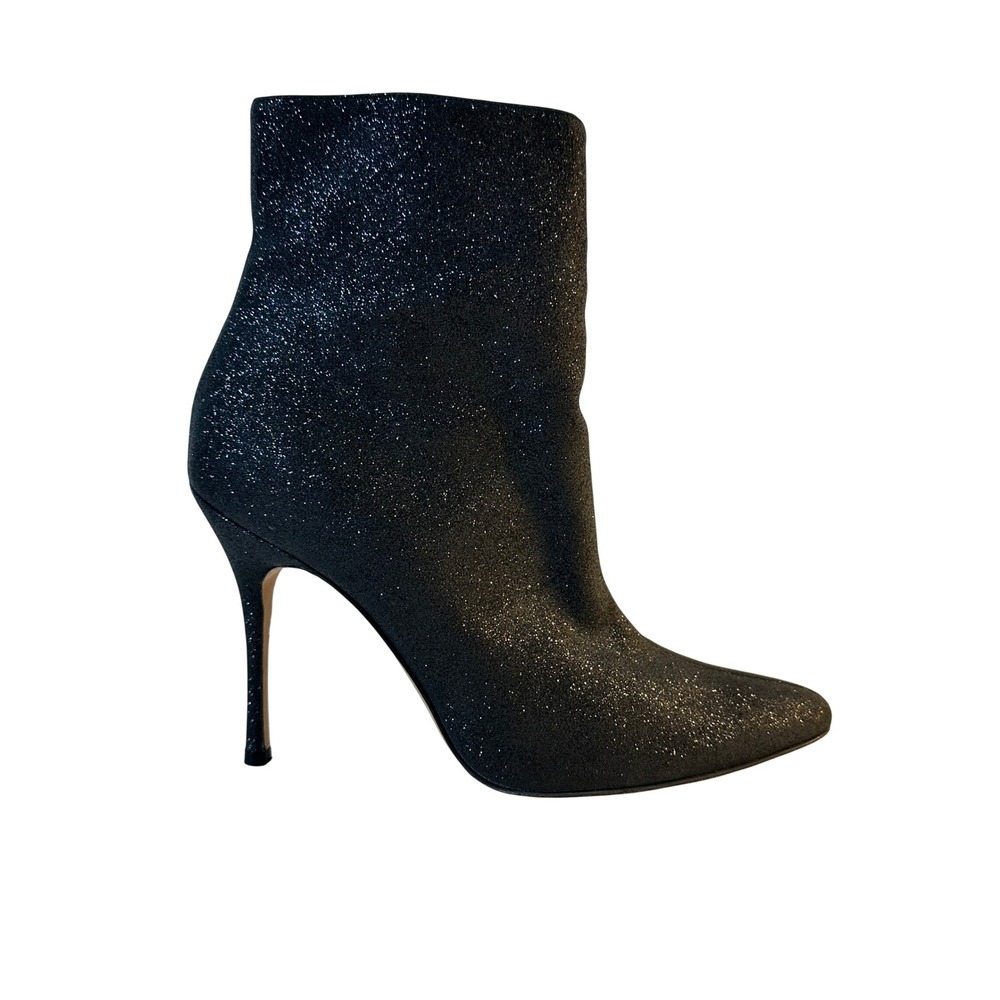 Manolo Blahnik Insopo Glitter Ankle Boots Size 38 Black Stiletto Pointed Toe